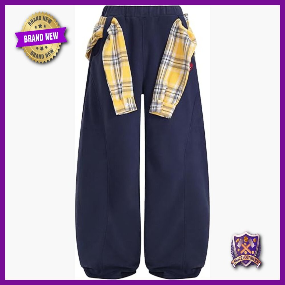 Baggy Barrel Sweatpants with Removable Plaid Shawl Wide Leg Elastic Waist